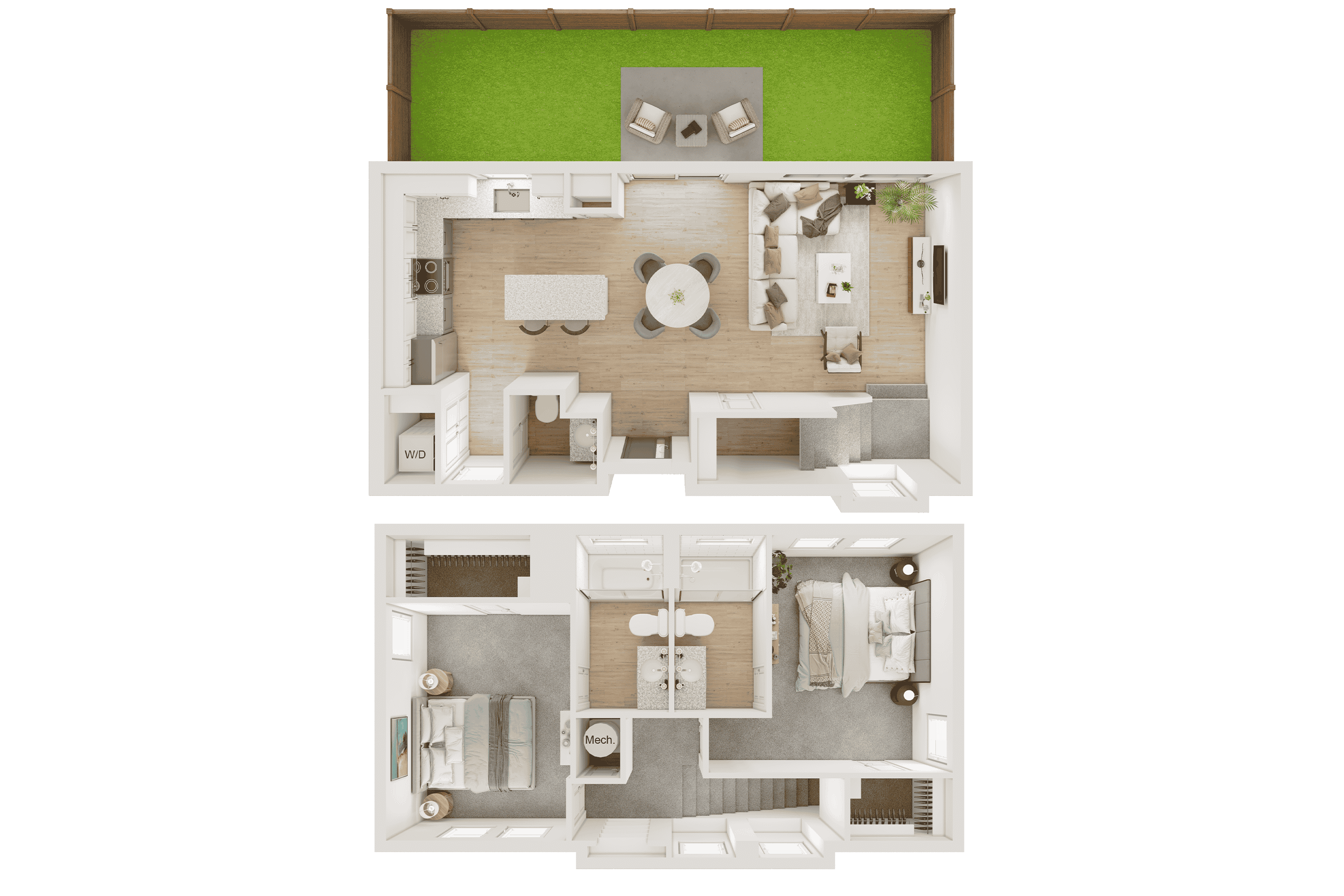 Floor plan for 2 beds, 2.5 baths, 1167 sqft