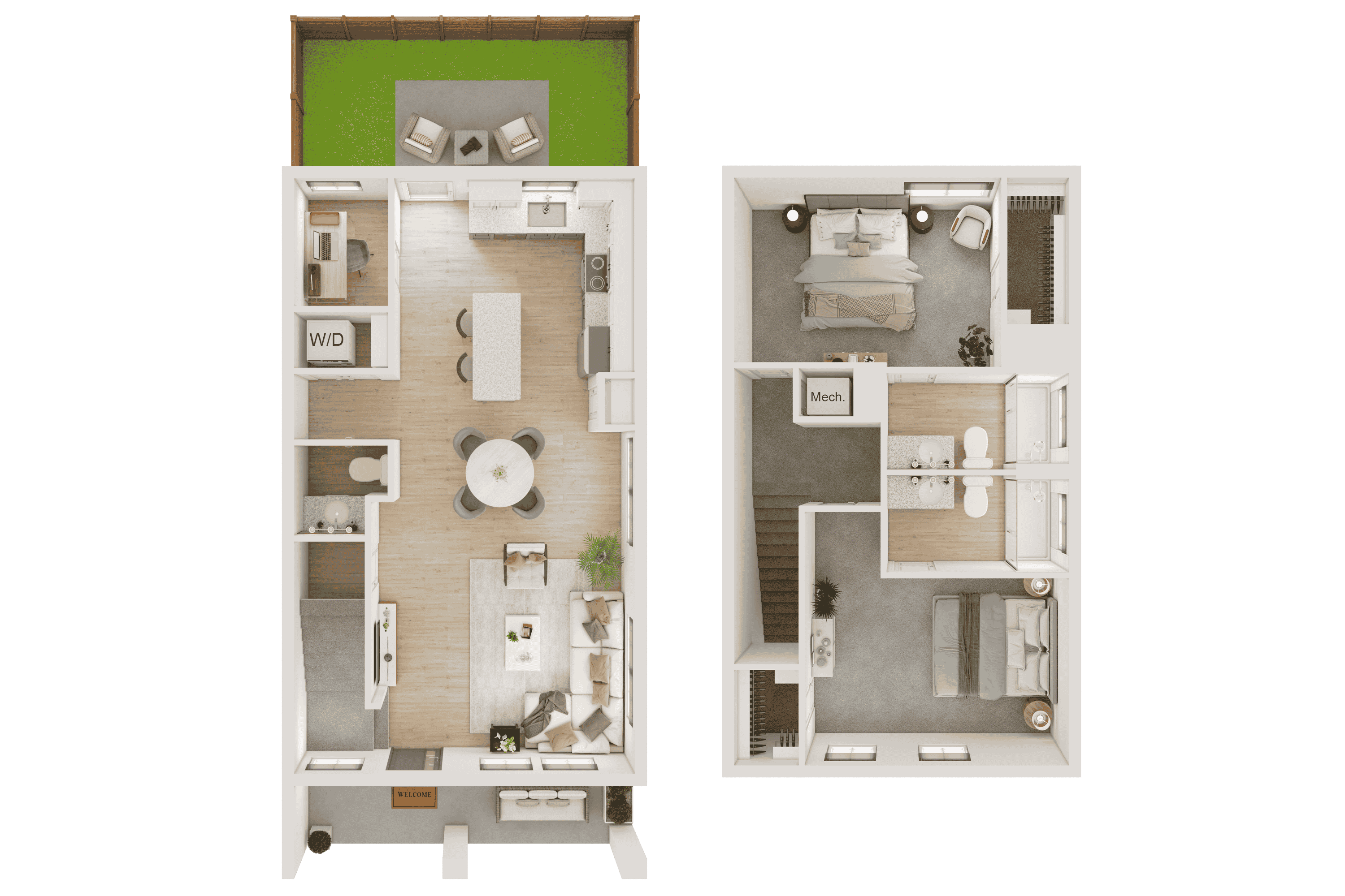 Floor plan for 2 beds, 2.5 baths, 1239 sqft