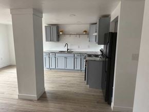 Polkton house for rent - A kitchen with a refrigerator, sink, and cabinets.