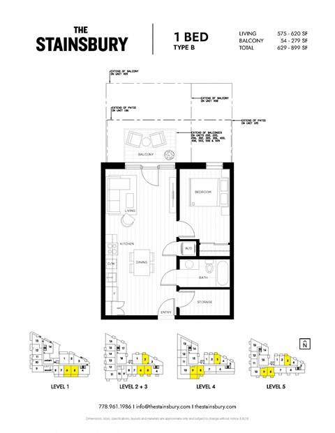Floor plan for 1 bed, 1 bath, 540 sqft