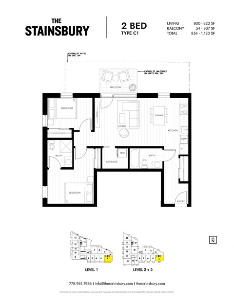 Floor plan for 2 beds, 2 baths, 785 sqft