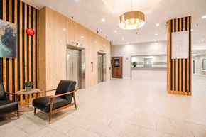 London apartment for rent - A hallway with two chairs and a table with a plant on it.