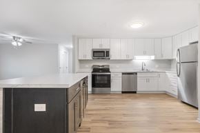 Wheaton apartment for rent - A modern kitchen with stainless steel appliances and wooden floors.