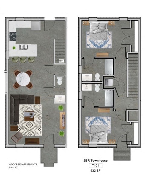 Floor plan for 2 beds, 2 baths, 1273 sqft