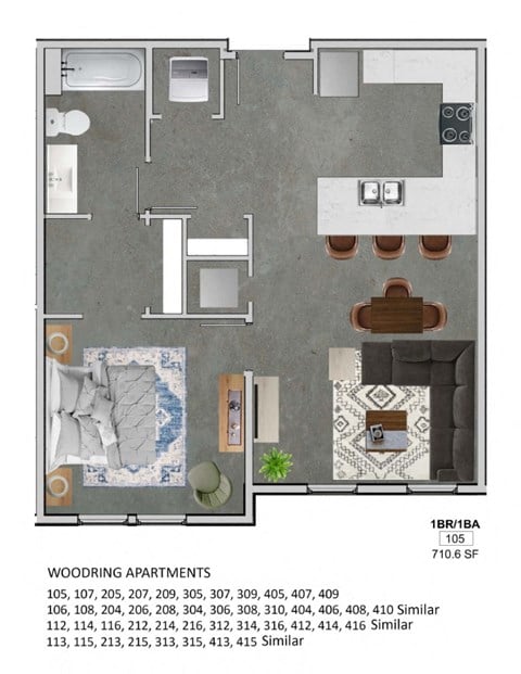 Floor plan for 1 bed, 1 bath, 759 sqft