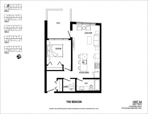 Floor plan for 1 bed, 1 bath, 640 sqft