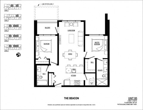 Floor plan for 2 beds, 2 baths, 851 sqft