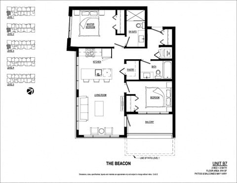 Floor plan for 2 beds, 2 baths, 814 sqft