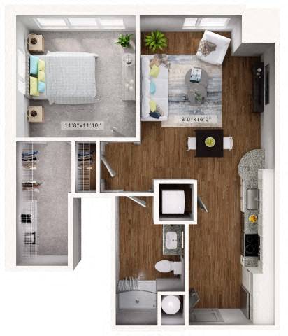 Floor plan for 1 bed, 1 bath, 675 sqft