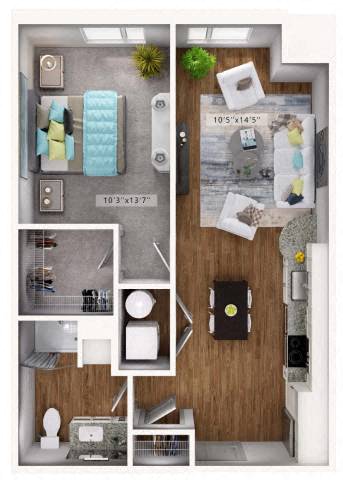 Floor plan for 1 bed, 1 bath, 630 sqft