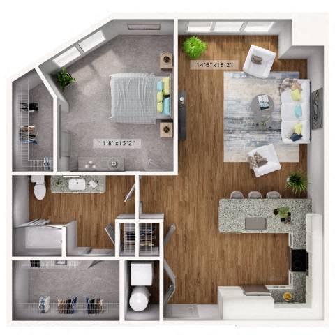 Floor plan for 1 bed, 1 bath, 899 sqft