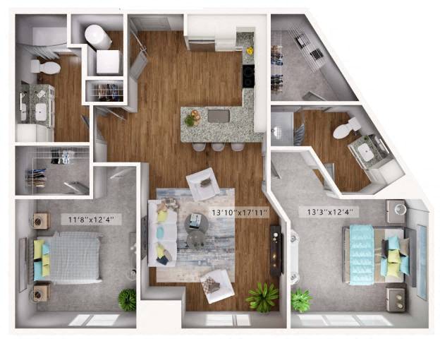 Floor plan for 2 beds, 2 baths, 1068 sqft