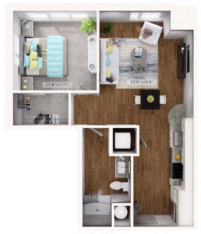 Floor plan for 1 bed, 1 bath, 624 sqft
