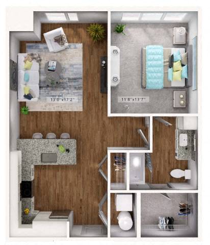 Floor plan for 1 bed, 1 bath, 750 sqft
