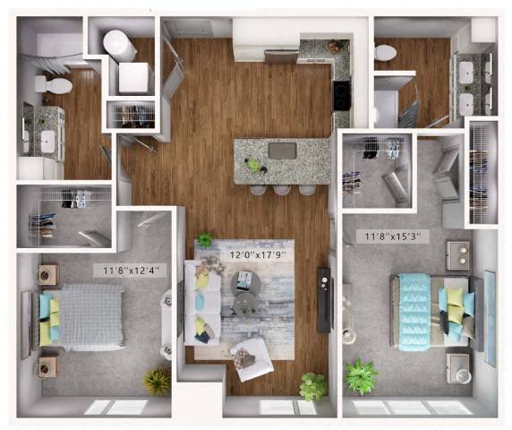 Floor plan for 2 beds, 2 baths, 1080 sqft
