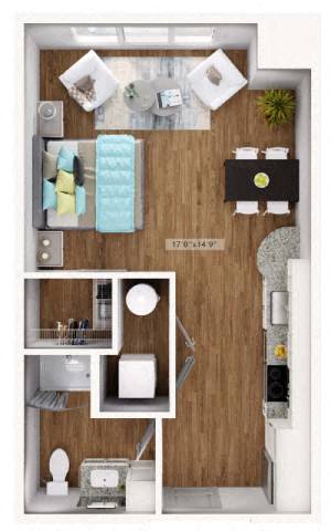 Floor plan for studio, 1 bath, 493 sqft