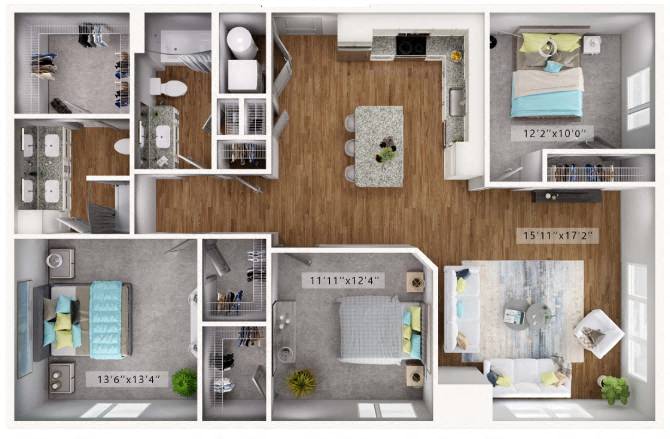 Floor plan for 3 beds, 2 baths, 1413 sqft