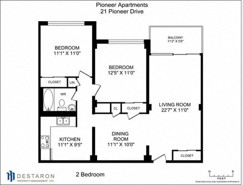 Floor plan for 2 beds, 2 baths, 1001 sqft