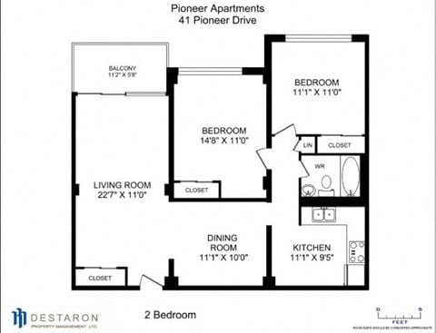 Floor plan for 2 beds, 1 bath, 1002 sqft