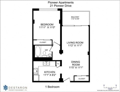 Floor plan for 1 bed, 1 bath, 695 sqft