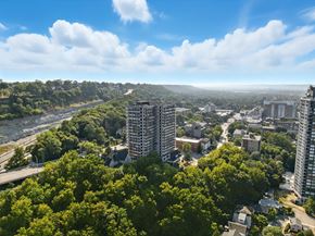 Hamilton apartment for rent - A cityscape with a mix of residential and commercial buildings, surrounded by lush greenery and a river.