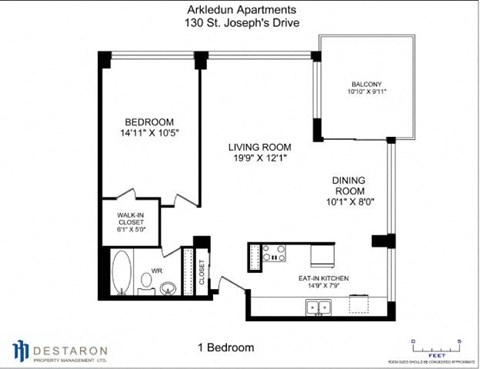 Floor plan for 1 bed, 1 bath, 925 sqft