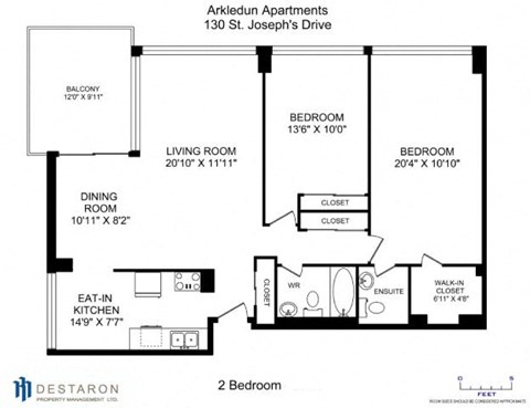 Floor plan for 2 beds, 2 baths, 1250 sqft