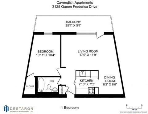 Floor plan for 1 bed, 1 bath, 802 sqft