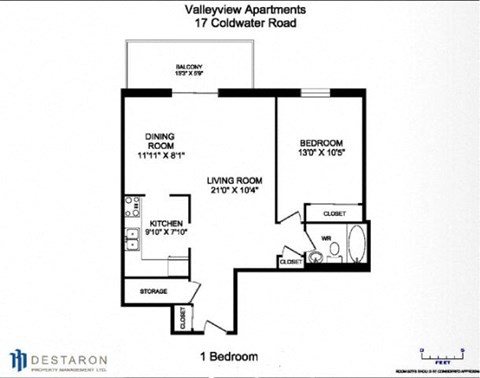 Floor plan for 1 bed, 1 bath, 780 sqft