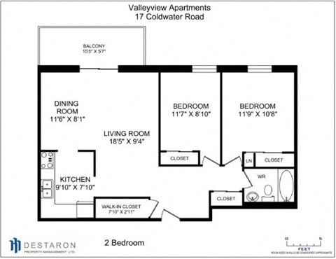 Floor plan for 2 beds, 1 bath, 949 sqft