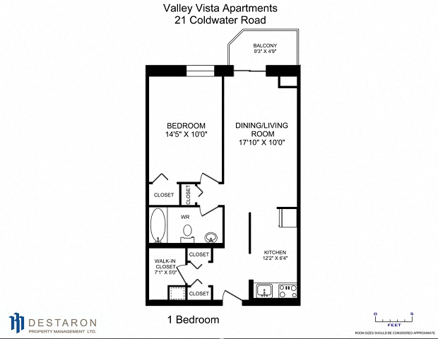 Floor plan for 1 bed, 1 bath, 737 sqft