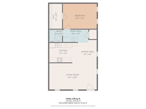 Floor plan for 1 bed, 1 bath, 650 sqft