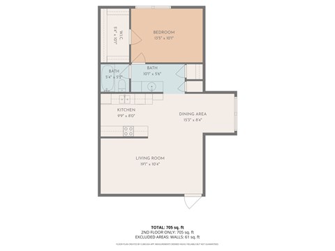 Floor plan for 1 bed, 1 bath, 700 sqft