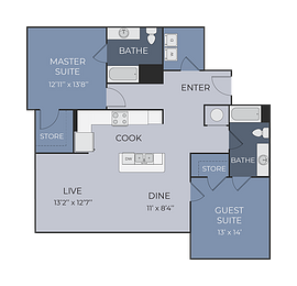 Floor plan for 2 beds, 2 baths, 1121 sqft