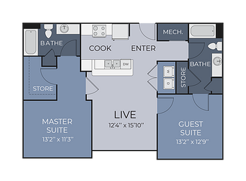 Floor plan for 2 beds, 2 baths, 939 sqft