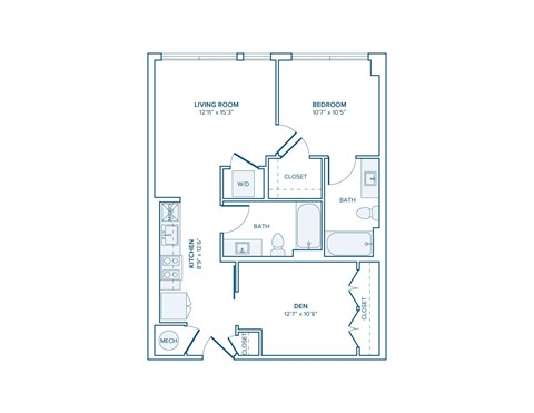 Floor plan for 1 bed, 1 bath, 758 sqft
