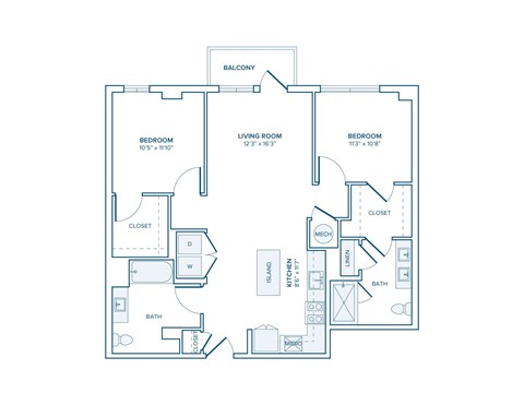 Floor plan for 2 beds, 2 baths, 1024 sqft