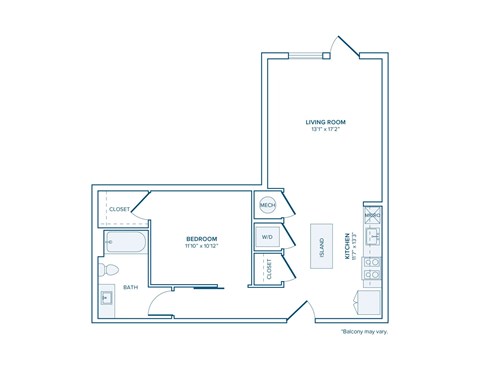 Floor plan for 1 bed, 1 bath, 719 sqft