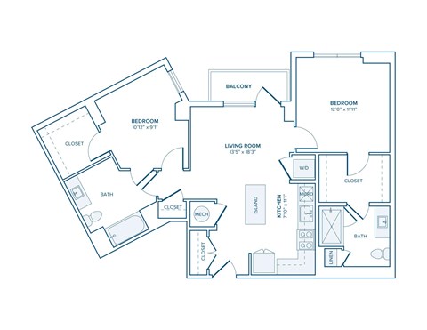 Floor plan for 2 beds, 2 baths, 960 sqft