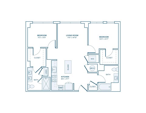 Floor plan for 2 beds, 2 baths, 970 sqft