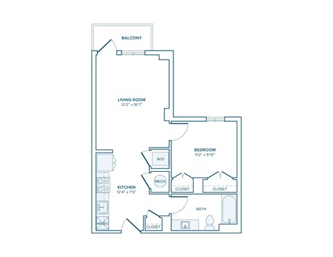 Floor plan for 1 bed, 1 bath, 596 sqft