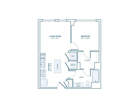 Floor plan for 1 bed, 1 bath, 644 sqft