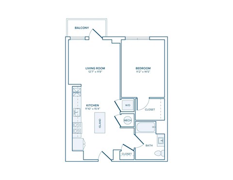 Floor plan for 1 bed, 1 bath, 719 sqft