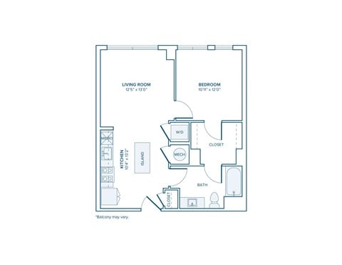 Floor plan for 1 bed, 1 bath, 644 sqft