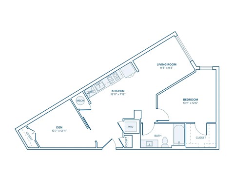 Floor plan for 1 bed, 1 bath, 781 sqft