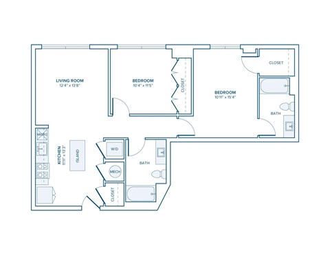 Floor plan for 2 beds, 2 baths, 951 sqft