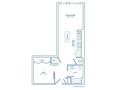 Floor plan for 1 bed, 1 bath, 643 sqft
