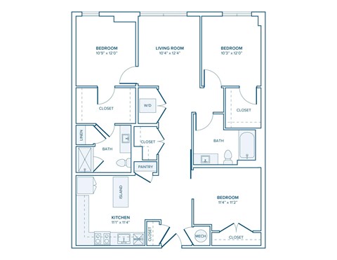 Floor plan for 2 beds, 2 baths, 1196 sqft
