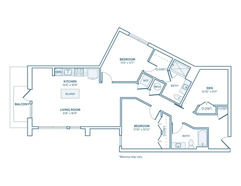 Floor plan for 2 beds, 2 baths, 1270 sqft