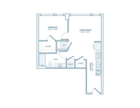 Floor plan for 1 bed, 1 bath, 610 sqft